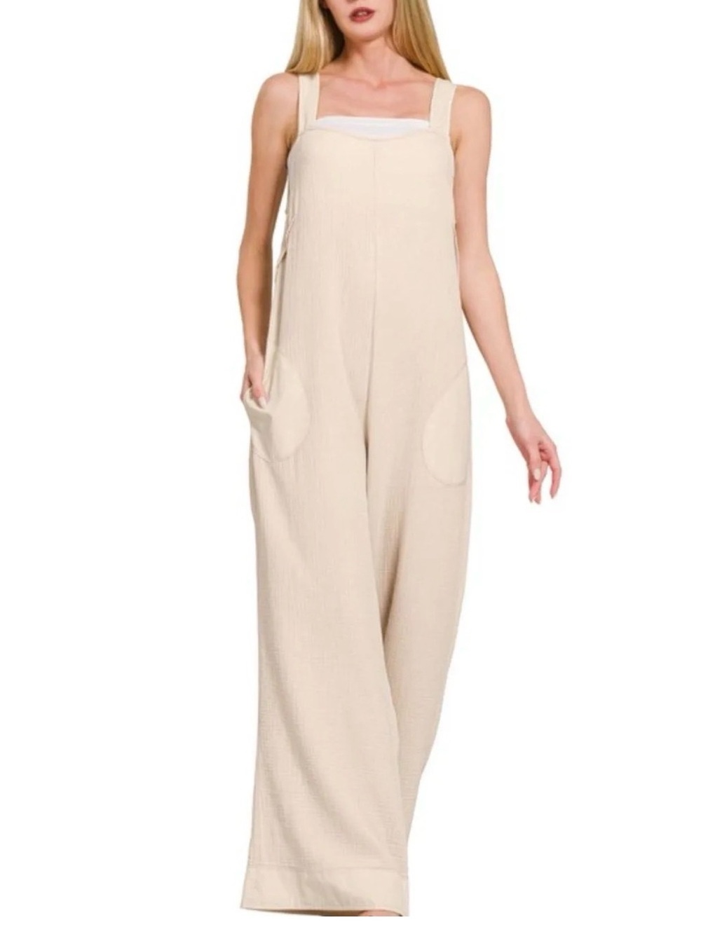 Zenana Outfitters Cream Wide-Leg Jumpsuit with Patch Pockets